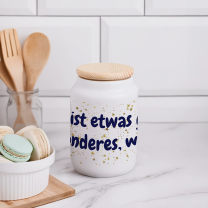 Botschaft: Du bist etwas ganz besonderes, weil .... - Keramikdose mit Holzdeckel - Weiß