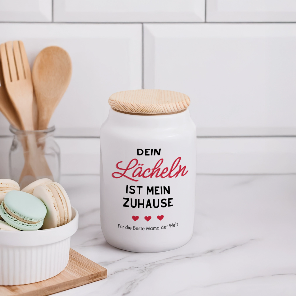 Dein Lächeln ist mein Zu Hause - Keramikdose mit Holzdeckel - Weiß