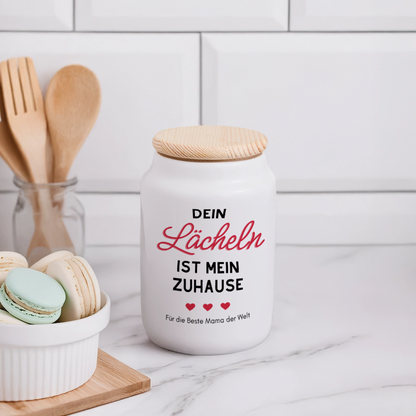 Dein Lächeln ist mein Zu Hause - Keramikdose mit Holzdeckel - Weiß