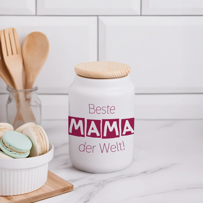 Motiv: Beste Mama der Welt - Keramikdose mit Holzdeckel - Weiß