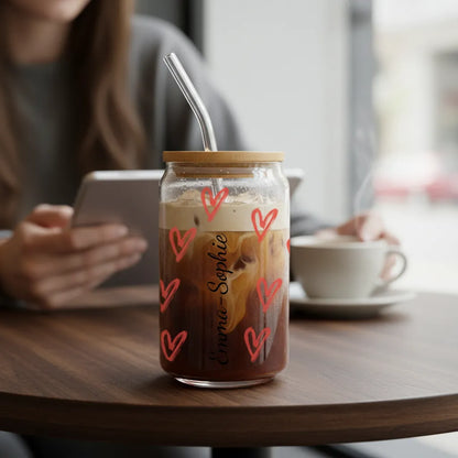 personalisierbares Trinkglas mit Bambusdeckel und Strohhalm, 473 ml