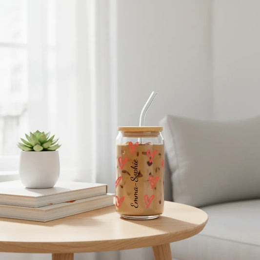 personalisierbares Trinkglas mit Bambusdeckel und Strohhalm, 473 ml