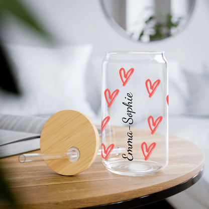 personalisierbares Trinkglas mit Bambusdeckel und Strohhalm, 473 ml